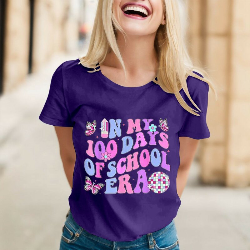 Camisetas estampadas de días de escuela para mujer, blusas informales de manga corta con cuello redondo, blusa tipo túnica, 100