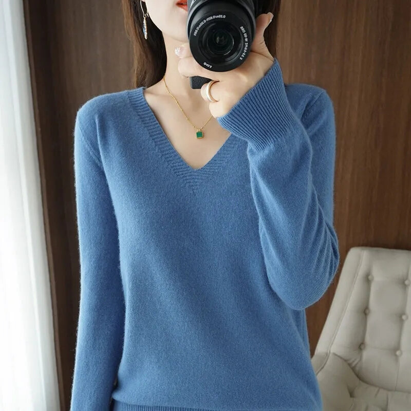 สเวตเตอร์ถักคอวีแขนยาวสำหรับผู้หญิง, เสื้อกันหนาวเข้ารูปเสื้อจั๊มเปอร์2023 MODE Korea ฤดูใบไม้ร่วงฤดูหนาว