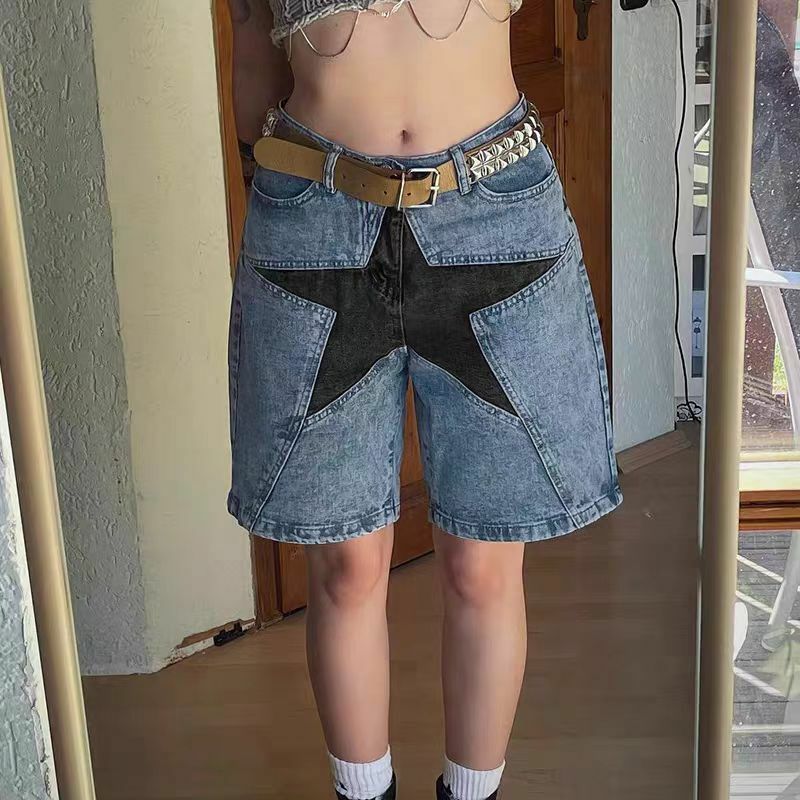 Pantalones vaqueros cortos con parche de estrella de cinco puntas, hasta la rodilla, cintura media, bolsillos de retazos, ropa de calle para mujer, 2024