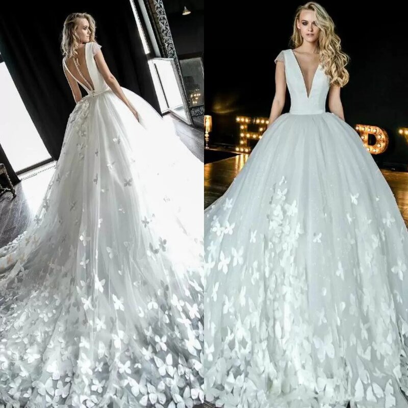 Sexy V Neck Romance Butterfly Appliqued Wedding Dress Sleeveless Court Train Bridal Gowns Party Ball Gown Vestidos Novia