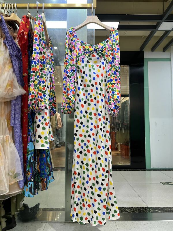 Vestido de Midi colorido impresso Slim Fit feminino, pescoço querido, manga comprida