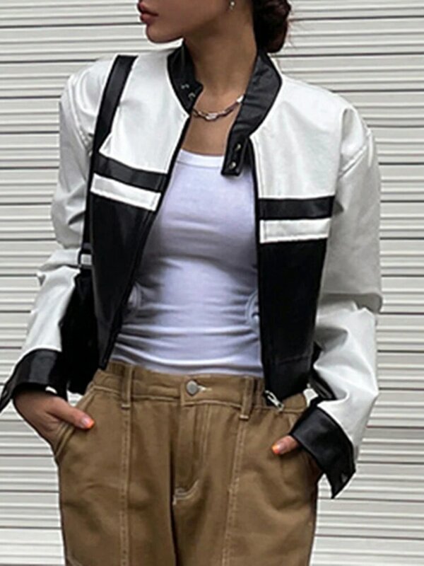 Jaket kulit motor gaya Korea, pakaian luar ruangan kontras hitam putih jaket kulit sepeda motor PU mantel ritsleting Atasan Wanita Y2K