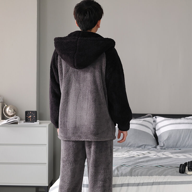 Set Piyama Musim Dingin Piyama Bulu Karang Tebal Pria Pakaian Tidur Bertudung Hangat M-4XL Baju Rumah Piyama Pria Flanel