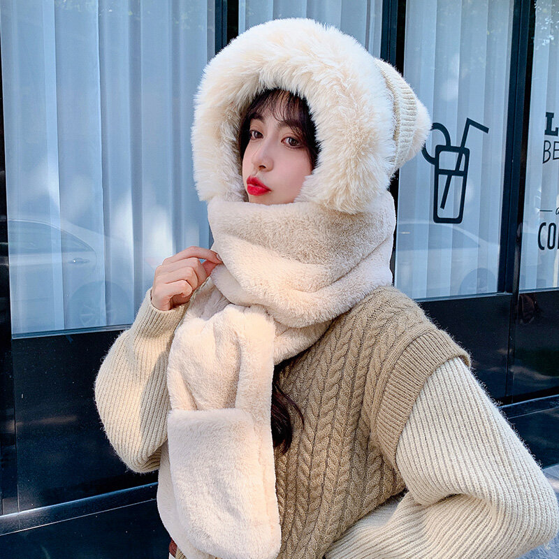 Women's Hat Scarf in One Female Winter Plush One-piece Warm Plus Fleece Thickened Cold Bib Gloves Ear Protection Ski Fashion Hat