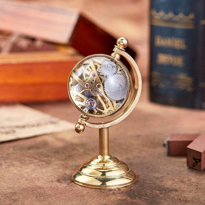 Retro Copper Spinning Globe Gold Desk Mechanical Pocket Watch Hand Winding Movement Home Office Luxury Decoration as Collectible