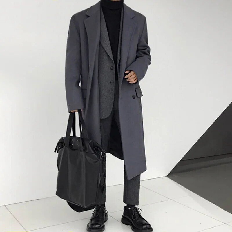 Зимнее шерстяное пальто средней длины Корейская версия утепленное теплое шерстяное пальто мужское двубортное Трендовое пальто