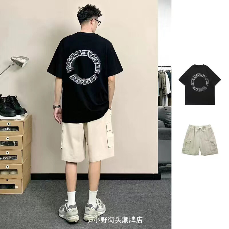 Hot Summer Pure Cotton Print Cargo Shorts T-shirts Shorts  Streetwear Match Loose Tops Man Outdoor Beach Casual Suit