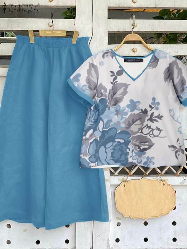 ZANZEA-Blusa Flroal de manga curta e calças largas para mulheres, roupas de treino estampadas, roupas de verão, 2 peças, 2024