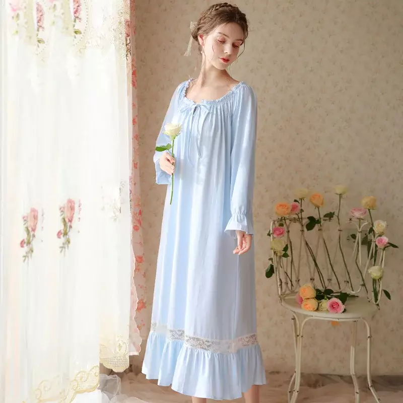 Victorian-vestido de noite vintage de algodão feminino, roupão longo, pijamas de princesa, camisolas de verão e outono