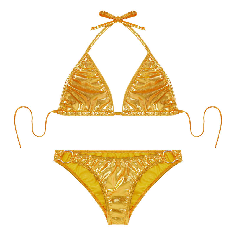 Womens Metallic Shiny Bikini Swimwear Pool Party Bathing Suit Halter Lace-up Bra with O Ring Briefs