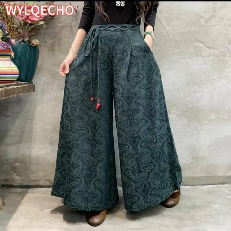2024 pantaloni vintage cinesi pantaloni larghi jacquard di lino di cotone nazionale pantaloni tradizionali a gamba larga da donna pantaloni folk etnici
