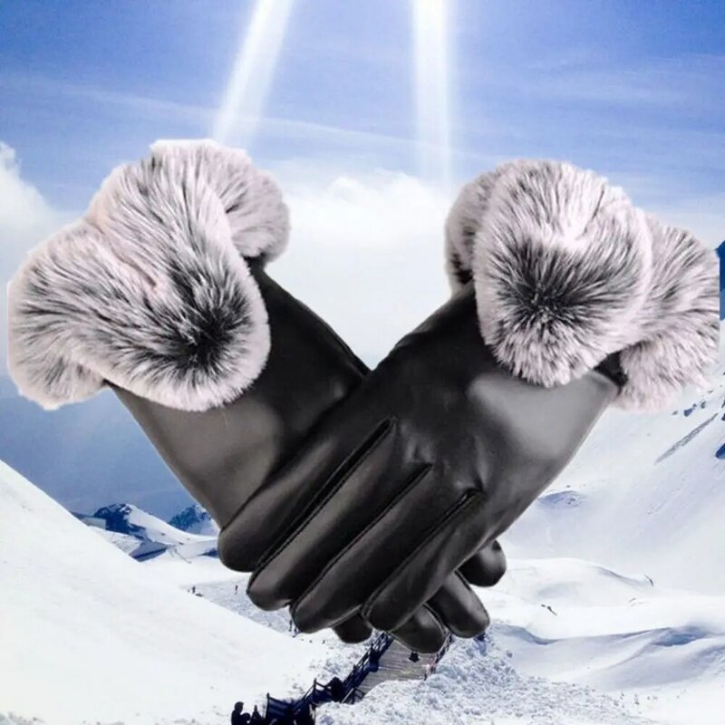 Unisex Plus Velvet Thicken Warm Touch Screen Mittens Cashmere Gloves PU Leather Faux Fur Gloves
