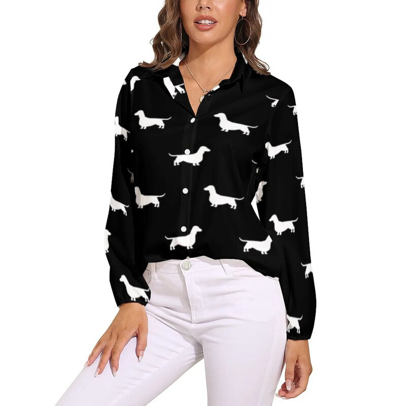 Wiener-camisa con estampado de perro para mujer, camisa con patrón retro de silueta de dachshund, camisa informal de manga larga, ropa suelta de verano, talla grande