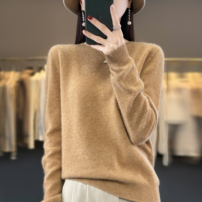 Suéter suave de lana merina pura para mujer, jersey de cuello redondo, Top de punto informal, Color sólido, prendas de punto femeninas regulares, otoño e invierno, 100%