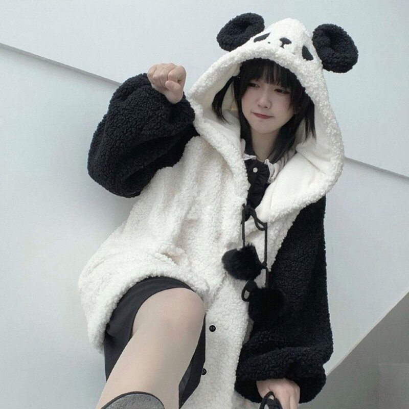Sweat-shirt à capuche en fausse polaire pour veste, Harajuku, dessin animé, oreilles Panda, manches longues,