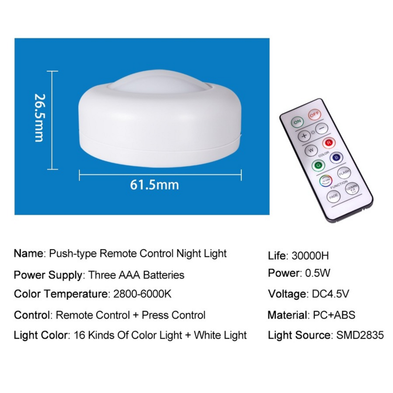 Lámpara LED de colores RGB16 para armario, lámpara de noche con batería, portátil, para cocina, pasillo, armario
