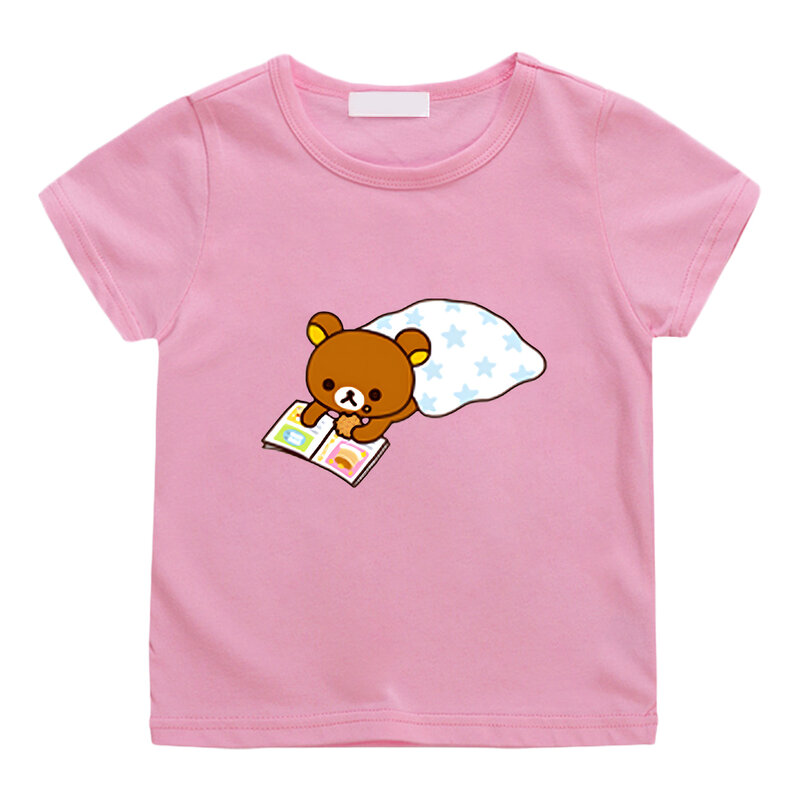 Футболка Rilakkuma с принтом медведя, 100% хлопок, летняя футболка с коротким рукавом для мальчиков и девочек, детская Удобная футболка, кавайные футболки
