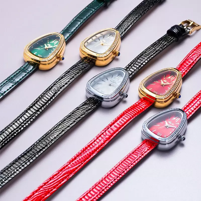 여성용 럭셔리 골드 스네이크 헤드 디자인 시계, 그린 다이얼 쿼츠 시계, 블링 다이아몬드 포함 패션