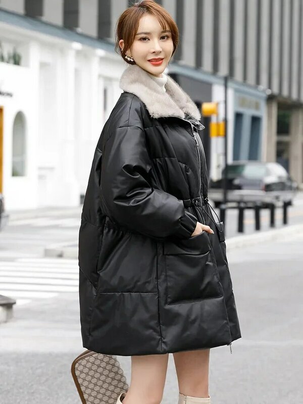Jaqueta de couro genuína para mulheres gola de pele de vison de carneiro casaco grande solto estilo coreano inverno