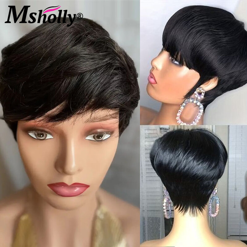 Glueless Short Pixie Cut Human Hair Wigs For Women Machine Made Wig With Bangs Short Bob Cheap Natural Ready To Wear Wigs