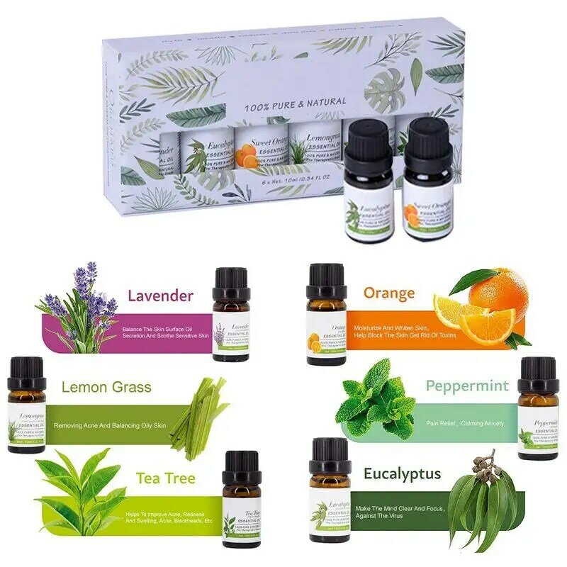 Juego de aceites esenciales naturales para difusores de aromaterapia, 6 piezas, 10ml, para el estado de ánimo del sueño