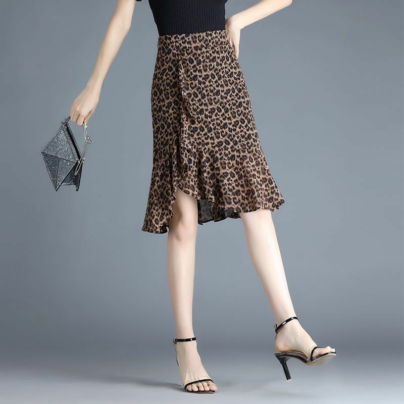 Leopard Sexy Irregular A-line Skirt Ladies Fashion High Waist Knee-length Summer Office Lady 2024 New Slim Women's Clothing
