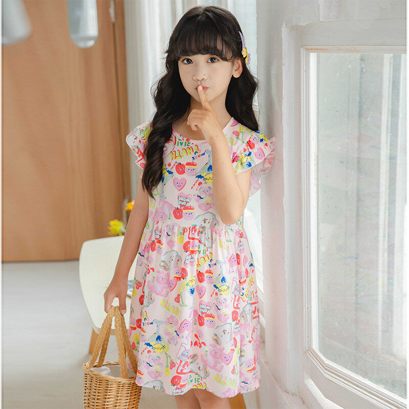 Gaun anak Perempuan ukuran 100-170 kasual lengan pendek sejuk baru musim panas gaun One Piece motif bunga lucu
