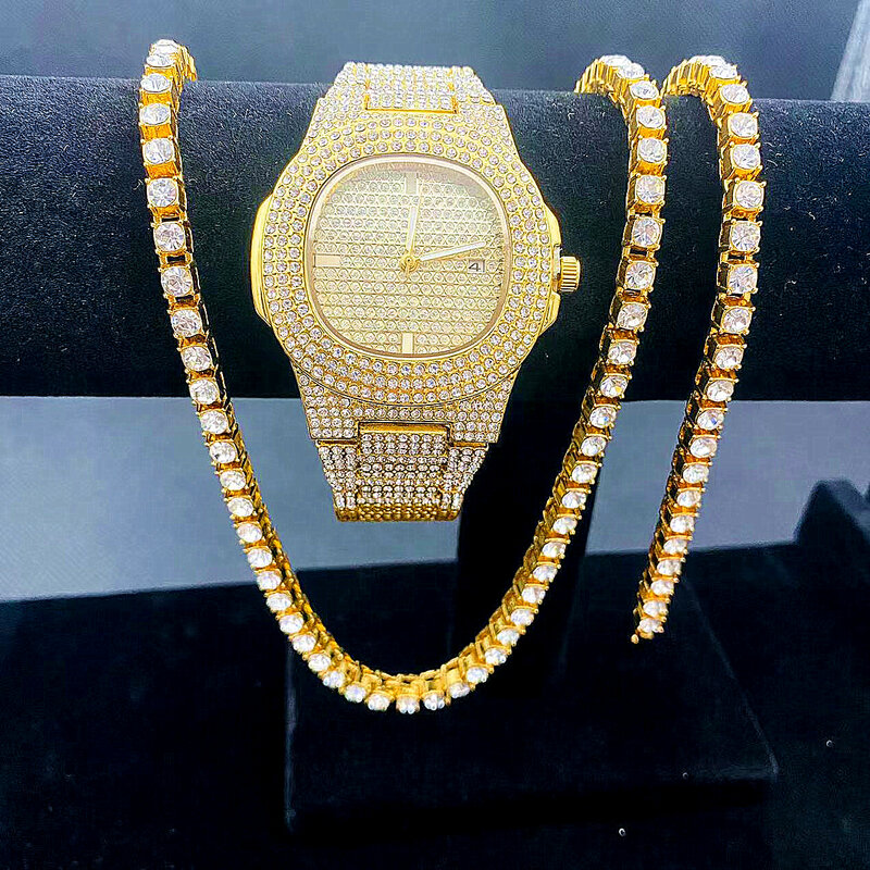 3pcs Necklaces Watches Bracelets Hip Hop Prong 5mm Tennis Cuban Chain Iced Out Rhinestone CZ Bling for Men Women Jewelry Set