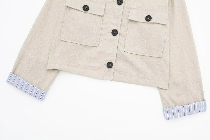Abrigo corto de manga larga con bolsillo para mujer, abrigo de traje Vintage con cuello redondo y un solo pecho, Top elegante, diseño de puño empalmado, nueva moda