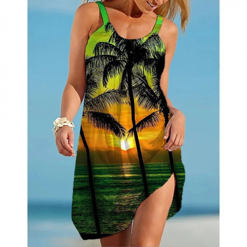 Летнее мини-платье 2024, пляжные платья с ландшафтным принтом, женское повседневное свободное платье без рукавов Y2k, праздничное платье оверсайз