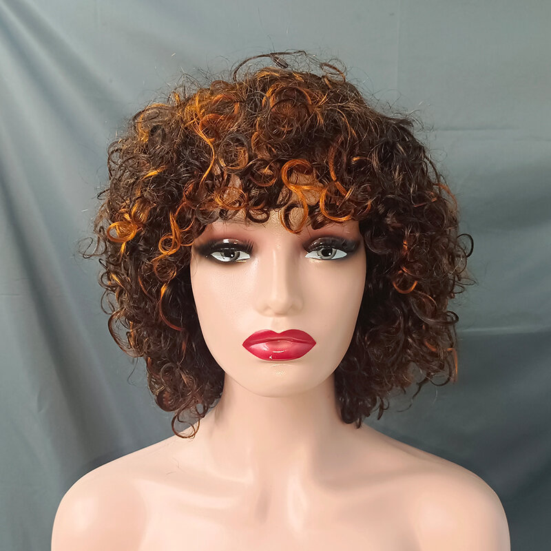 Ginger Highlight Water Wave Brown Wig Machine Made Short Water Wave Wig With Bangs Brazilian Highlight Human Hair Wig