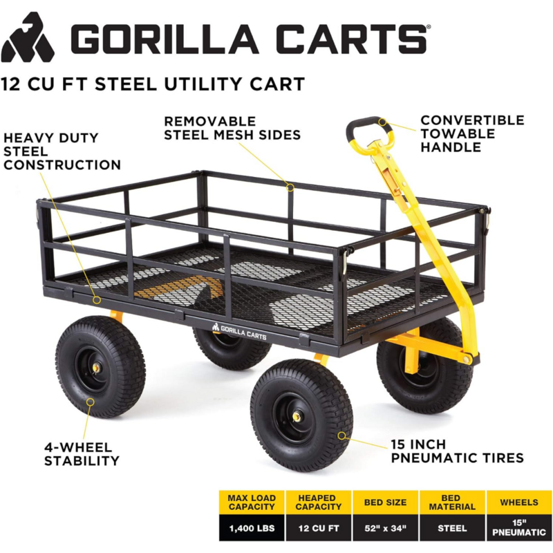 Стальная тележка Gorilla Cart GOR1400-COM, сверхмощная трансформерная ручка 2-в-1 со съемными Сторонами, 12 куб. Футов, емкость 1400 фунтов