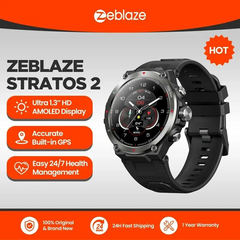 Zeblaze-Stratos 2 Smartwatch Masculino, GPS, Display AMOLED, Monitor de Saúde 24h, Bateria de Longa Duração