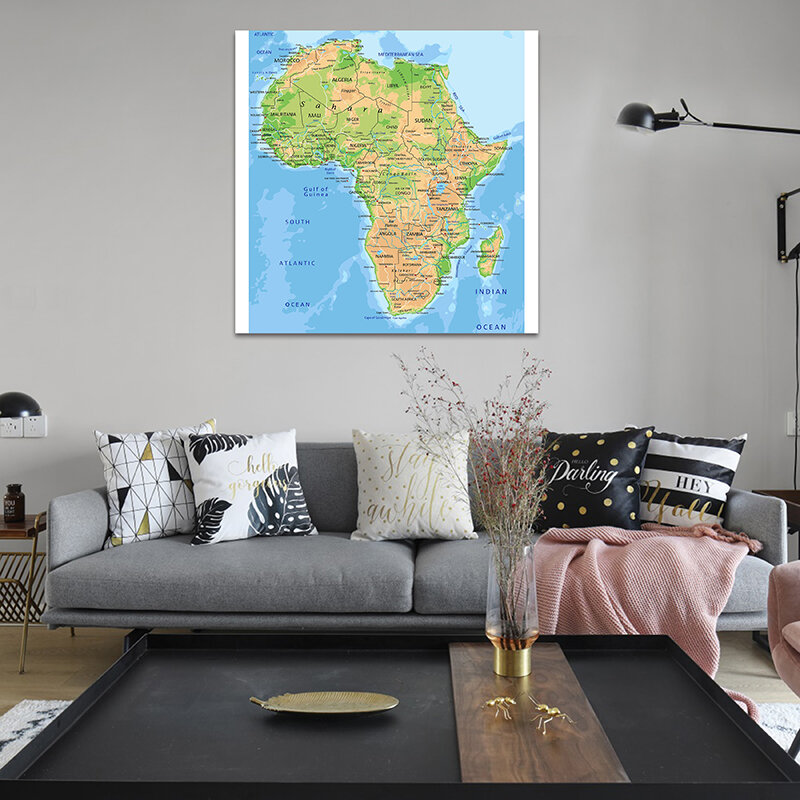 2016 Peta Topografi Afrika 90*90Cm Poster Peta Seni Dinding Lukisan Kanvas Dekorasi Kantor Perlengkapan Sekolah