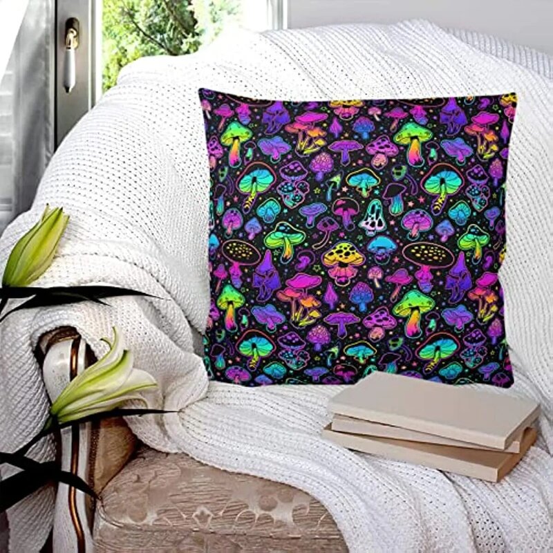 Rainbow Mushroom Pillowcases Square Cushion Cover Soft Pillow Cases Mushroom Decorative Throw Pillow Covers