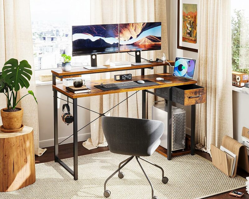 AODK Gaming Computer Desk W/ Power Outlet & LED Light Strip, 48 Inch Home Office Desk W/ Adjustable Monitor Stand, Brown USA NEW