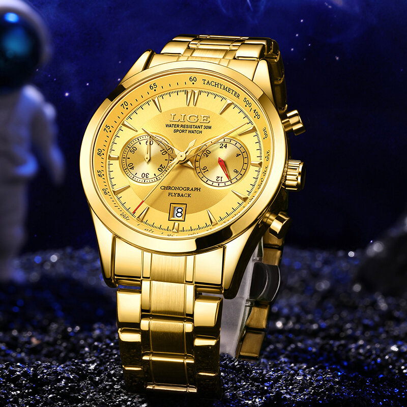 LIGE-Relógio de pulso em aço inoxidável masculino, relógio esportivo grande, impermeável, cronógrafo luminoso, moda