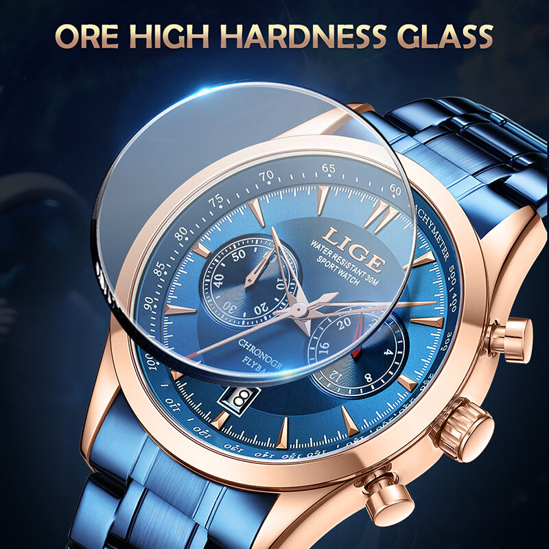 LIGE Luxury Man Wristwatch Business Stainless Steel Quartz Men Watch Waterproof Luminous Date Big  Men's Watches Clock+Box