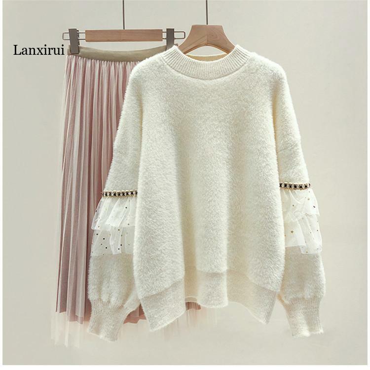 Suéter de lana de visón de imitación para mujer, suéter suelto coreano de malla de viento, empalme, ropa de calle, tendencia 2022