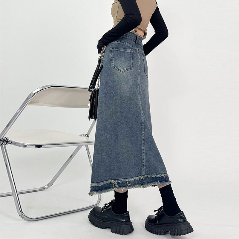 Saia jeans de emenda feminina, saia linha A, comprimento, cintura alta, azul coreano, roupas femininas, moda primavera, 2022