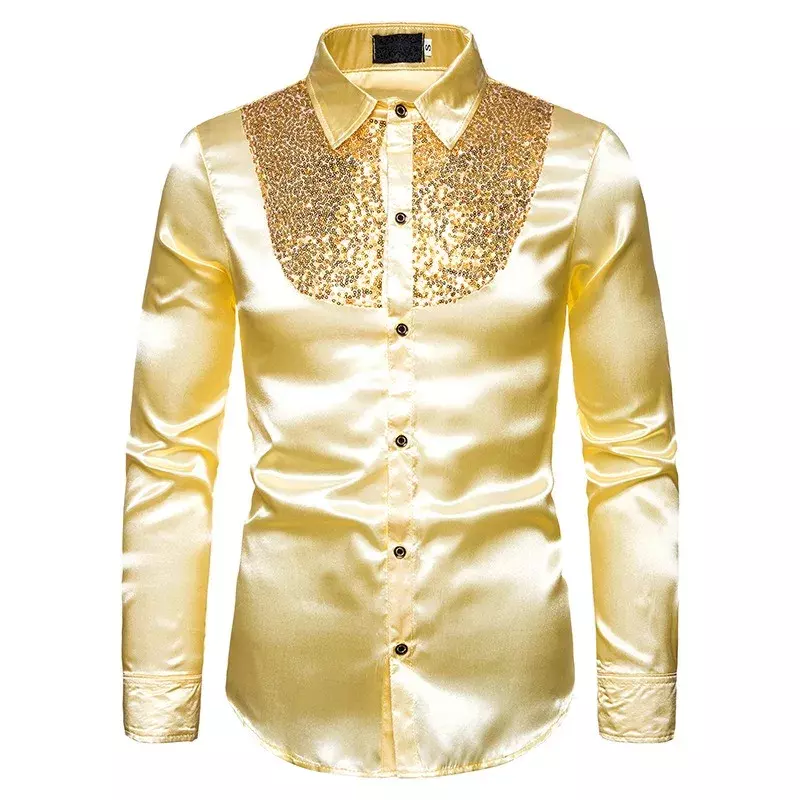 Men's Sequined Shirt Stage Performance Costume Wedding Groom Emcee Lapel Long Sleeve Shirt Solid Color Business Commuter Shirt