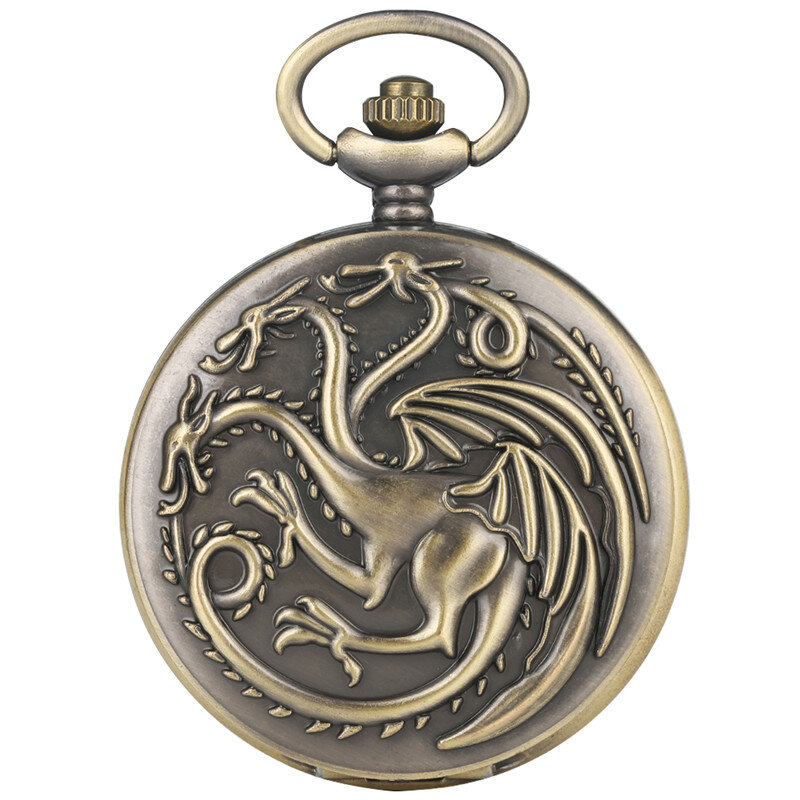 Bronze escultura dragão padrão pingente relógio de bolso de quartzo para homens mulher colar corrente relógio número árabe exibição reloj