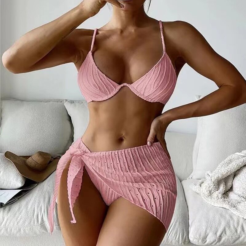 New Solid Color Lace-up Thread Polka Dot Bikini Three Pieces Split Skirt  Swimsuits Women 2023 Summer Beach Bathing Suit