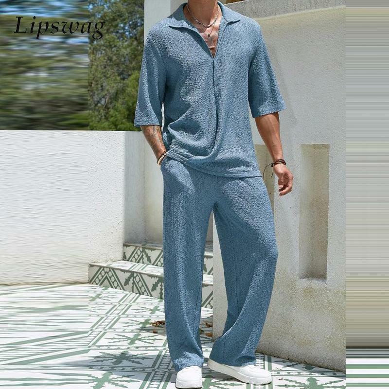 2024 primavera estate Casual camicie e pantaloni in cotone abiti da uomo Vintage mezza manica Cardigan irregolare due pezzi completi da uomo