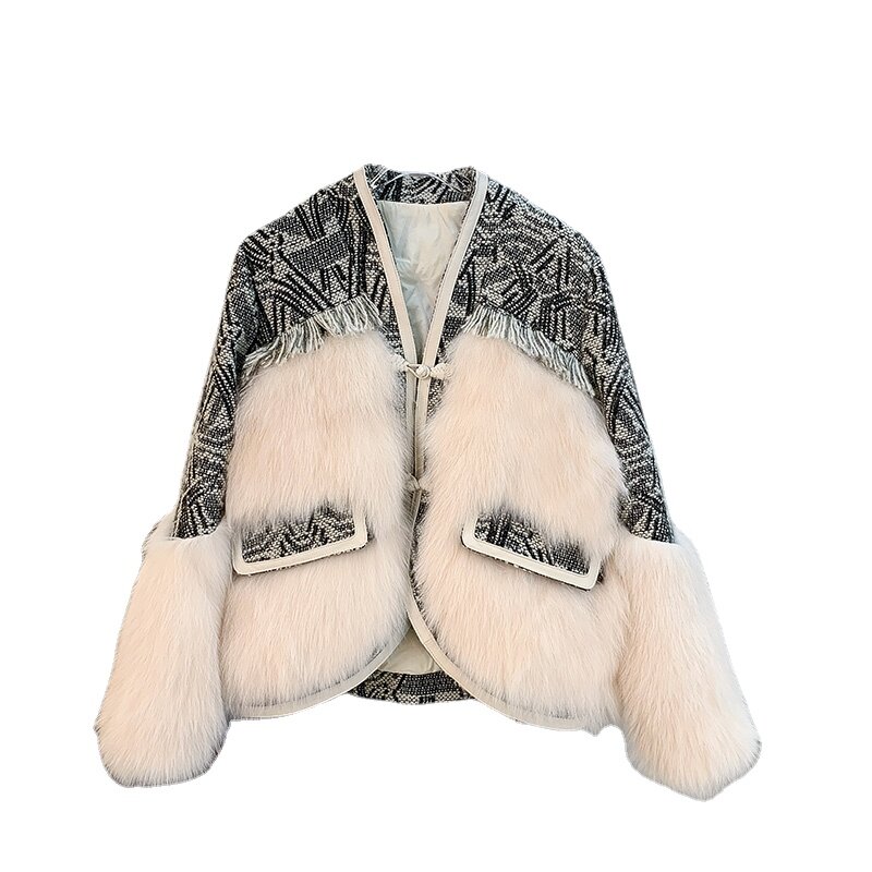 Lã de lã costura pele de raposa casaco de pele feminino estilo nacional fivela peludo casaco novo