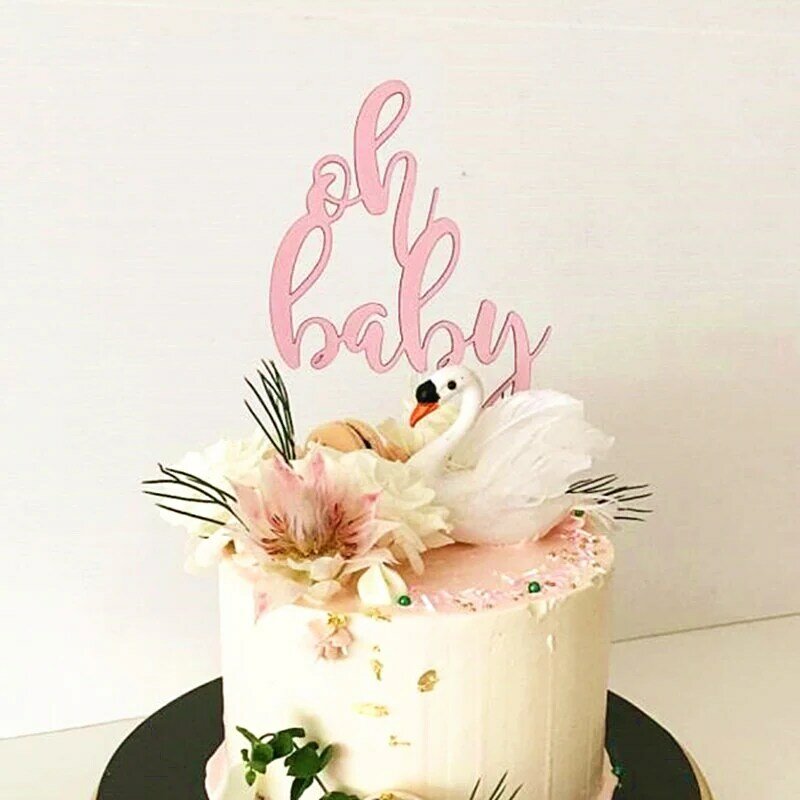 Oh Baby atasan kue ulang tahun, puncak Cupcake pesta pernikahan pengantin akrilik emas merah muda untuk dekorasi makanan penutup, pesta Pancuran bayi