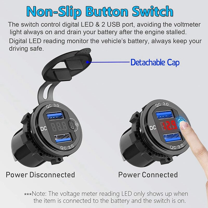 3X Quick Charge 3.0 Dual 12V USB Car Charger, Aluminum Socket With Switch Button And Red Digital Voltmeter, Waterproof