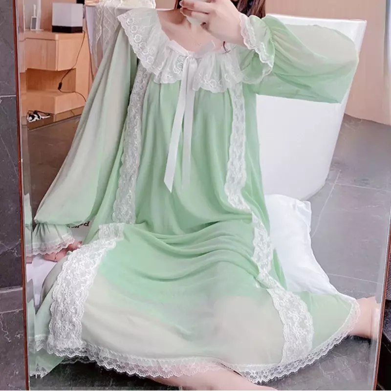 Women Romantic Nightgowns Mesh Long Sleeve Fairy Night Dress Victorian Lace Peignoir Vintage Lolita Nightie Princess Sleepwear
