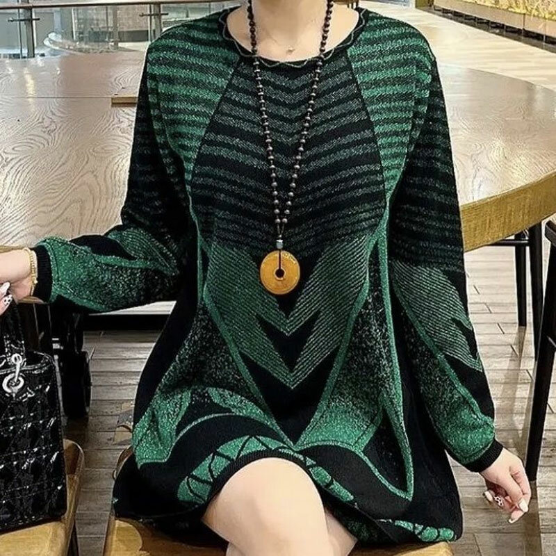 Casual Geometric Fashion Bright Silk Sweaters Autumn Winter Long Sleeve Female Clothing Round Neck Korean Midi Knitted Jumpers