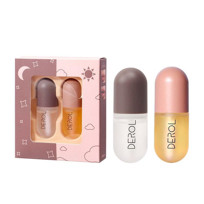 DEROL – Kit pour lèvres pulpeuses, Volume instantané de jour et de nuit, huile réparatrice hydratante, réduit les ridules, sérum cosmétique